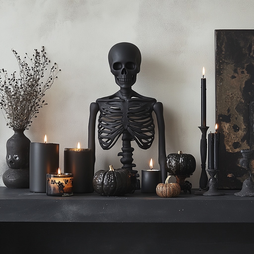 A minimalist skeleton figure in matte black, placed on a modern shelf alongside candles and other sleek Halloween decor elements, blending spooky with chic design.

