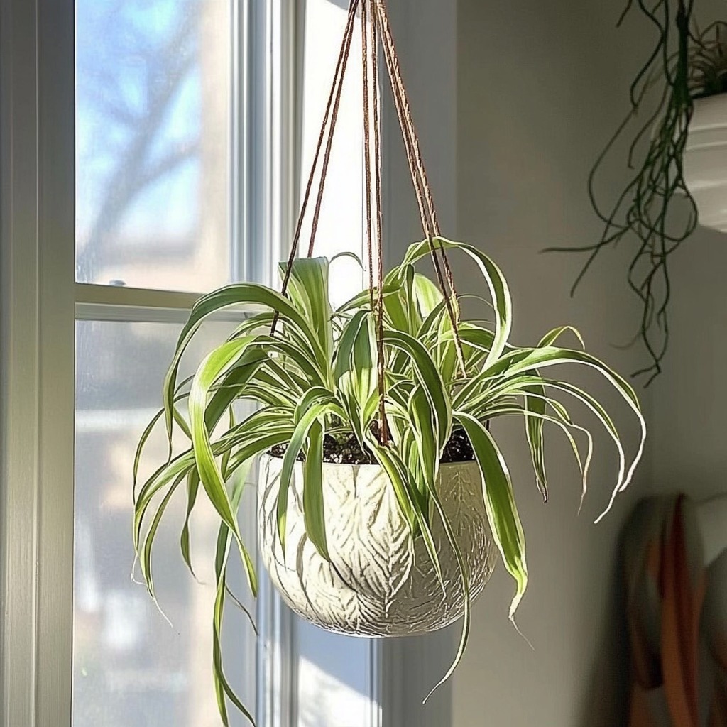 Pet-safe spider plant with long green leaves in a hanging pot.