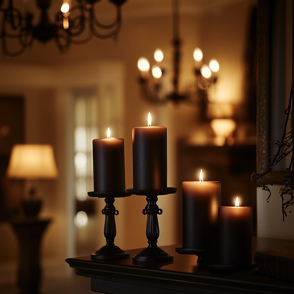 A dimly lit room with vintage black chandeliers and warm, dimmable pendant lights casting soft shadows. Black LED candles are arranged on a mantle or side table for an eerie glow.

