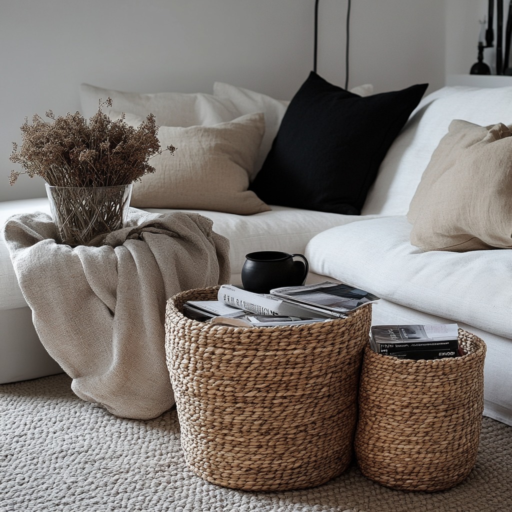 Woven storage baskets placed neatly in the corner of the living room, with blankets and magazines stored inside, keeping the space tidy and stylish.

