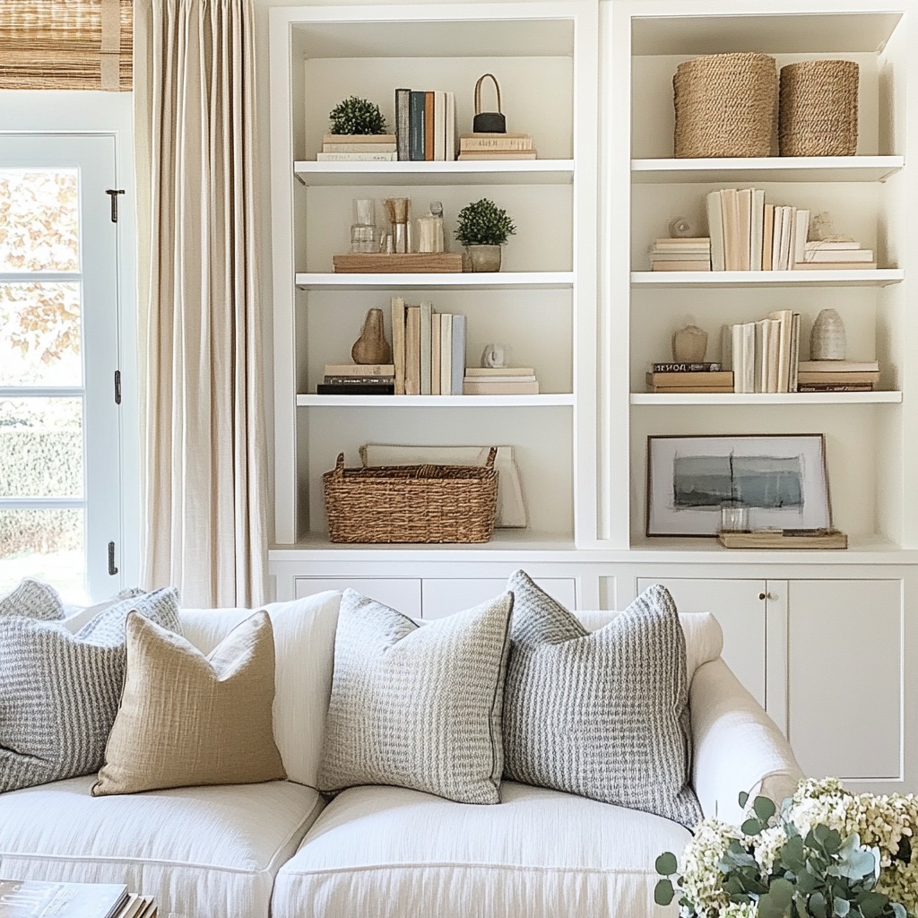 A living room with built-in shelves displaying decorative items, books, and storage baskets, showing how to organize and personalize the space.

