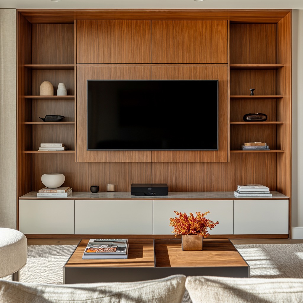 A modern entertainment center with a TV mounted on the wall and a sleek media console underneath, offering storage for electronics and decor pieces.

