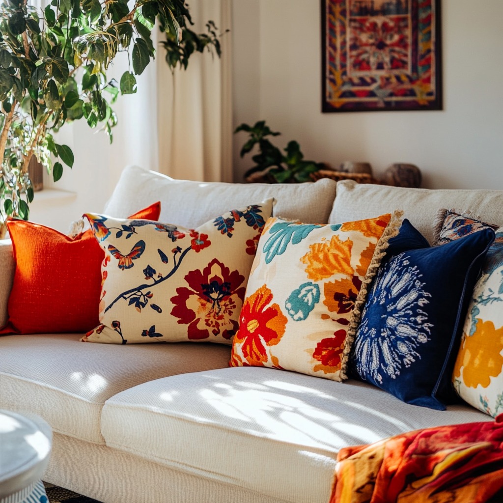 A living room featuring colorful and patterned throw pillows scattered on a sofa, adding personality and comfort to the space.

