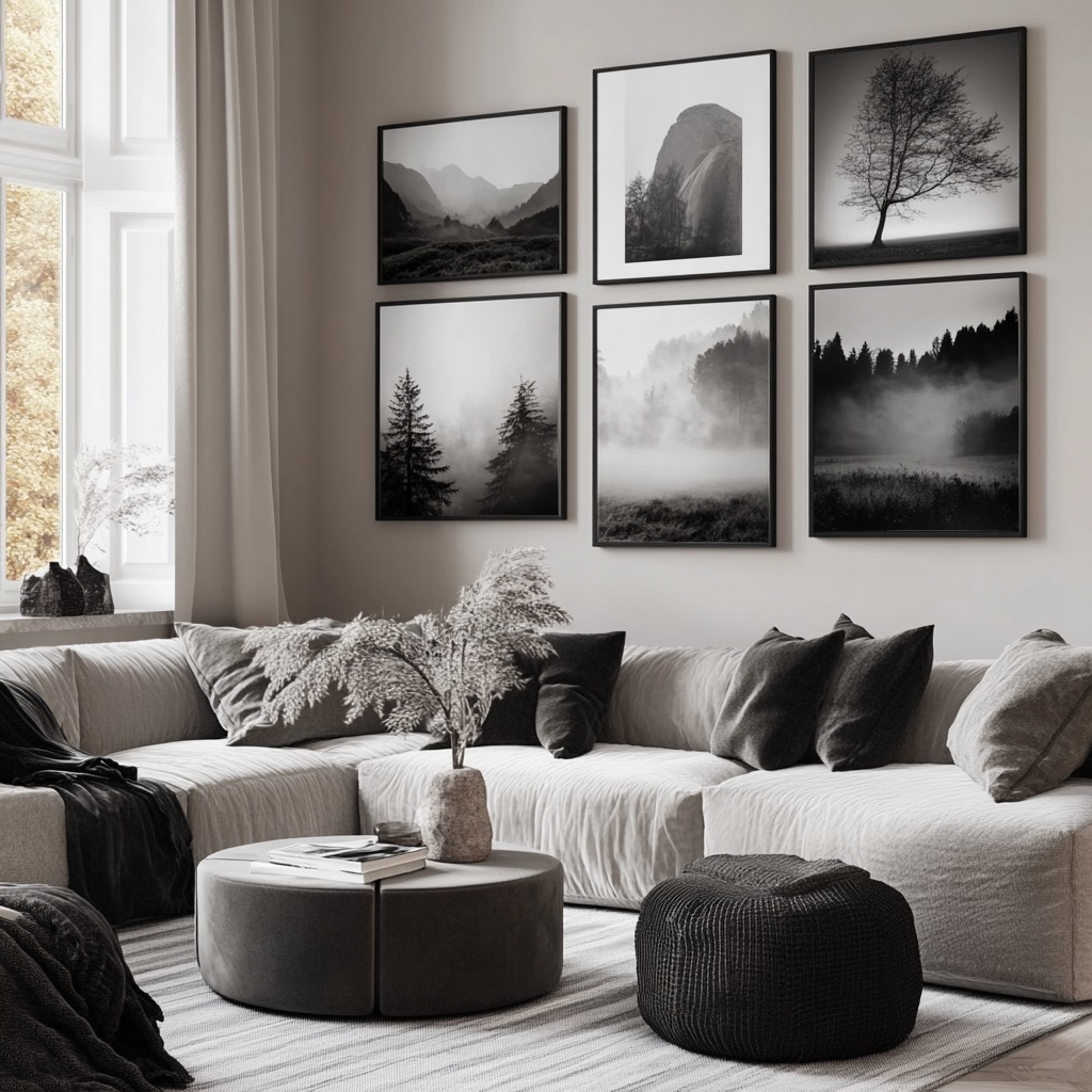 A modern living room featuring a black-and-white gallery wall of eerie, vintage-style black and white photographs of misty landscapes and abstract shapes.

