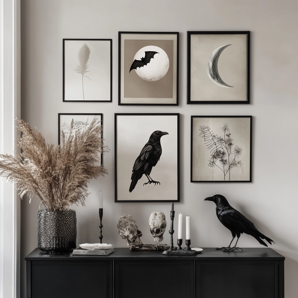 A sleek gallery wall with minimalist Halloween-themed artwork, featuring black crescent moons, abstract skeletons, and ravens in modern frames.

