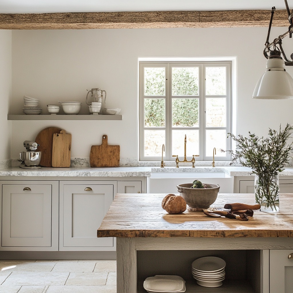 French Country kitchen with honed marble countertops and light gray cabinets.