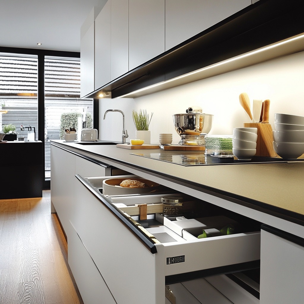 Soft-close drawers and cabinets in a modern kitchen, designed to prevent slamming and protect small fingers from getting caught.

