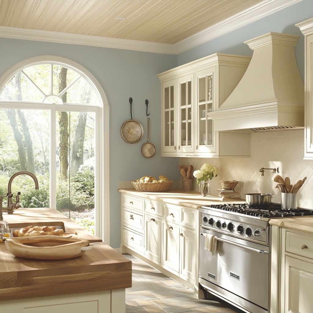 kitchen with a soft color palette of cream cabinets, pale blue walls, and wood accents.