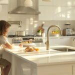 A bright, modern kitchen designed for family use, featuring a child sitting on a kid-sized stool at a kitchen island while an adult prepares food. The kitchen has rounded countertop corners, soft-close cabinets, and a child-accessible snack station in the background. The countertops are made of durable materials, and the overall space feels warm, inviting, and safe for children.