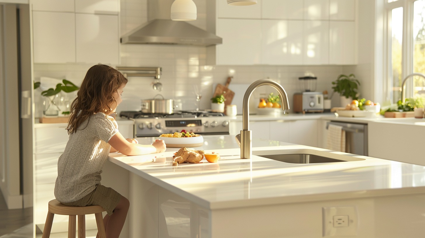 A bright, modern kitchen designed for family use, featuring a child sitting on a kid-sized stool at a kitchen island while an adult prepares food. The kitchen has rounded countertop corners, soft-close cabinets, and a child-accessible snack station in the background. The countertops are made of durable materials, and the overall space feels warm, inviting, and safe for children.