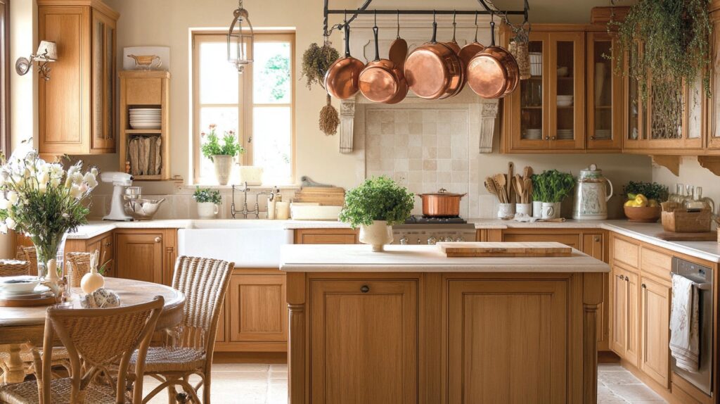 Stunning French Country kitchen featuring a farmhouse sink, wooden island, copper accents, and a cozy breakfast nook.