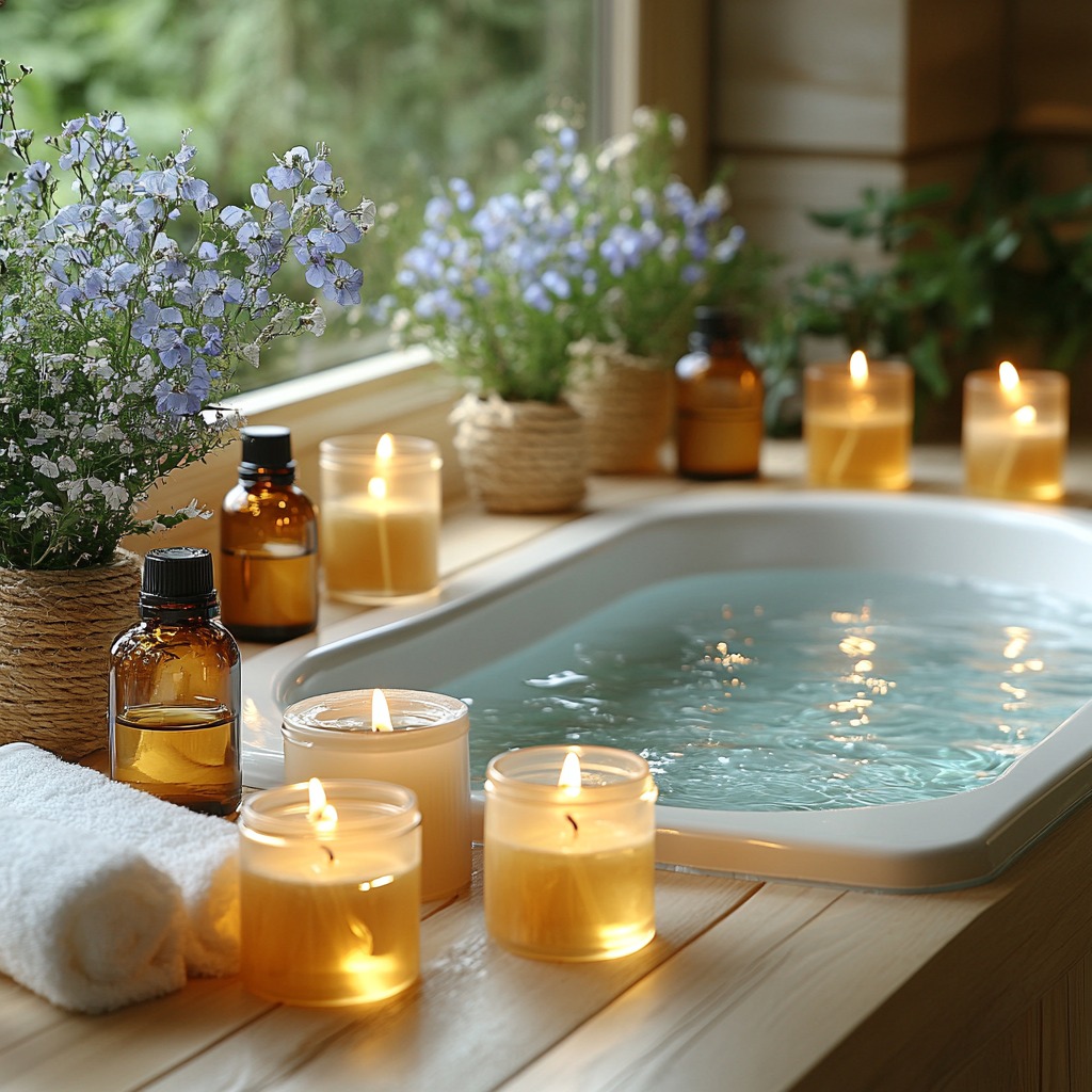 Aromatherapy setup with essential oil diffusers, scented candles, and natural scents around a bathtub.