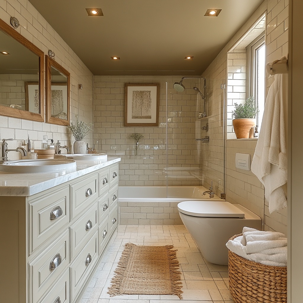 Bathroom color palette with neutral tones like beige, gray, and white, accented with soft greens and blues.