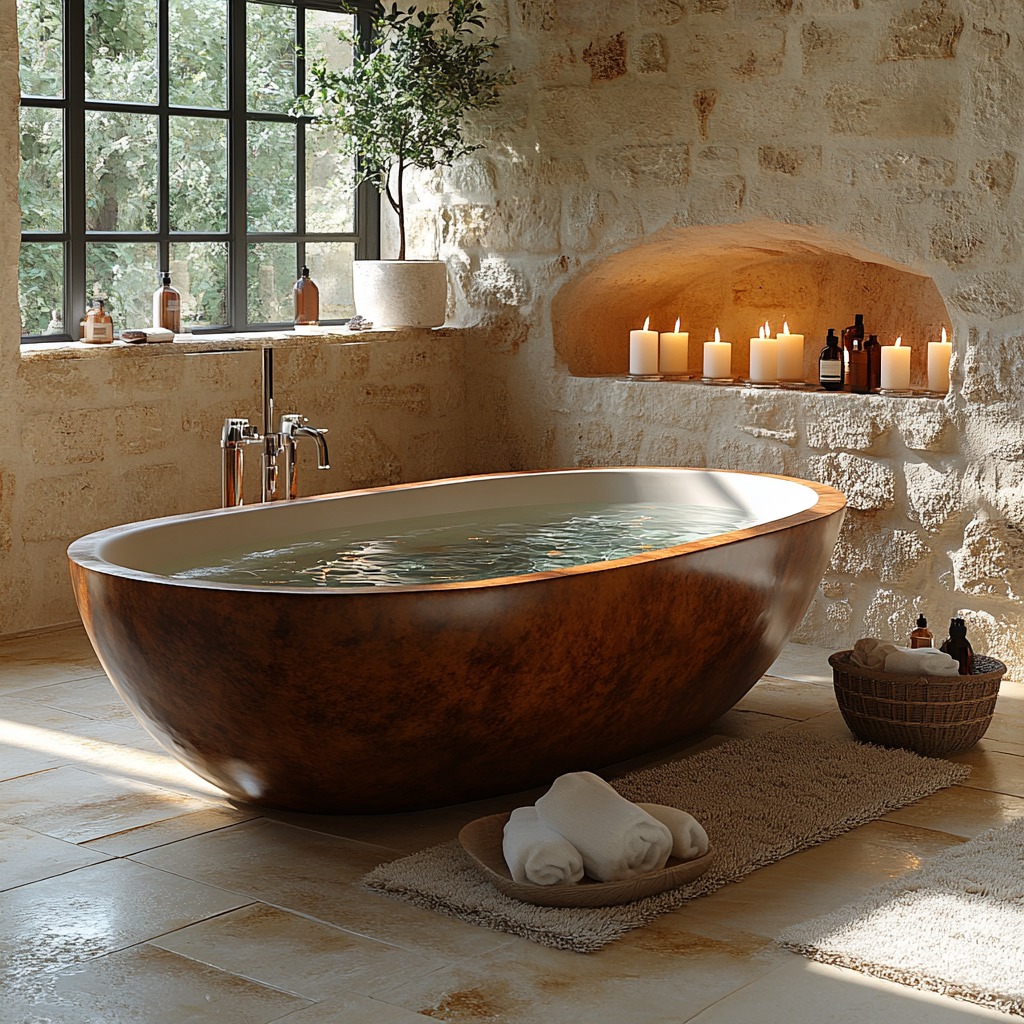 Elegant freestanding soaking tub surrounded by candles and bath accessories in a spa-like bathroom setting.