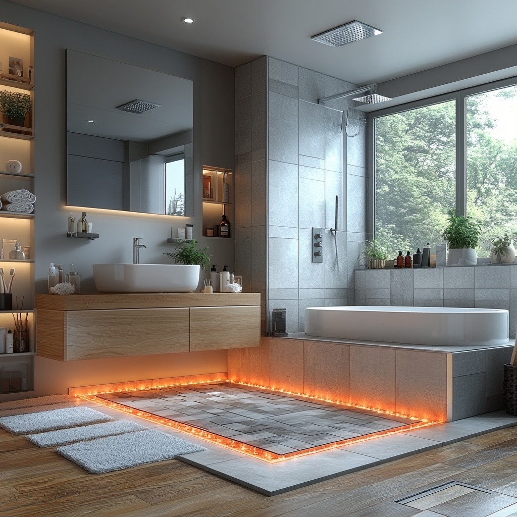 Heated bathroom floor installation with tiles, showing radiant heating system underneath for added comfort.