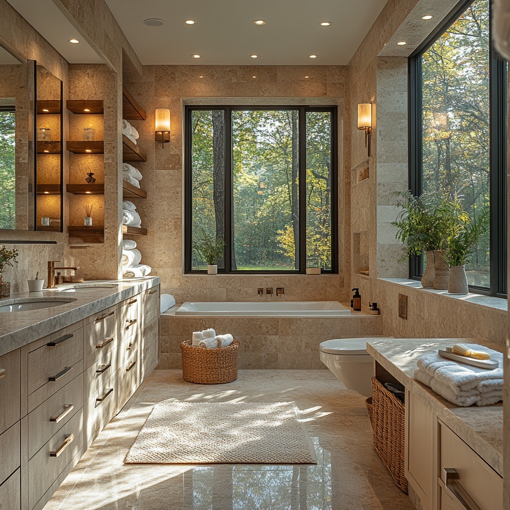 Bathroom with layered lighting, featuring recessed lights, wall sconces, and natural light from a large window.