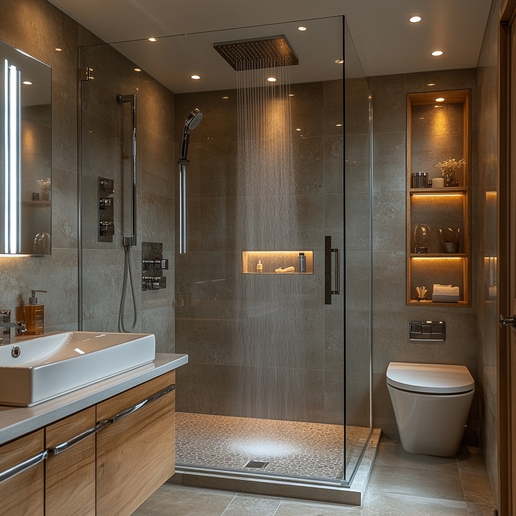 Modern shower setup with rainfall showerhead, glass enclosure, and steam feature for a spa-like experience.