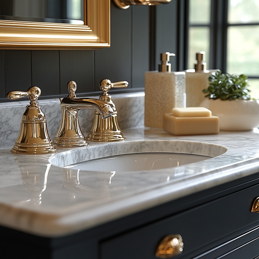 Close-up of luxury bathroom fixtures, including polished chrome and brushed gold faucets and towel bars.