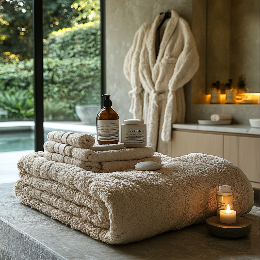 Display of luxury bathroom accessories, including high-end toiletries, a plush robe, bath salts, and scented candles.