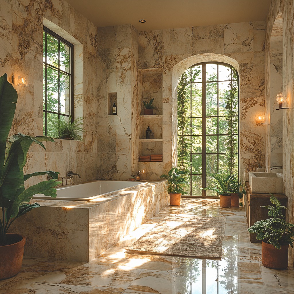 Spa-inspired bathroom with potted plants, natural stone walls, and ample natural light for a serene ambiance.