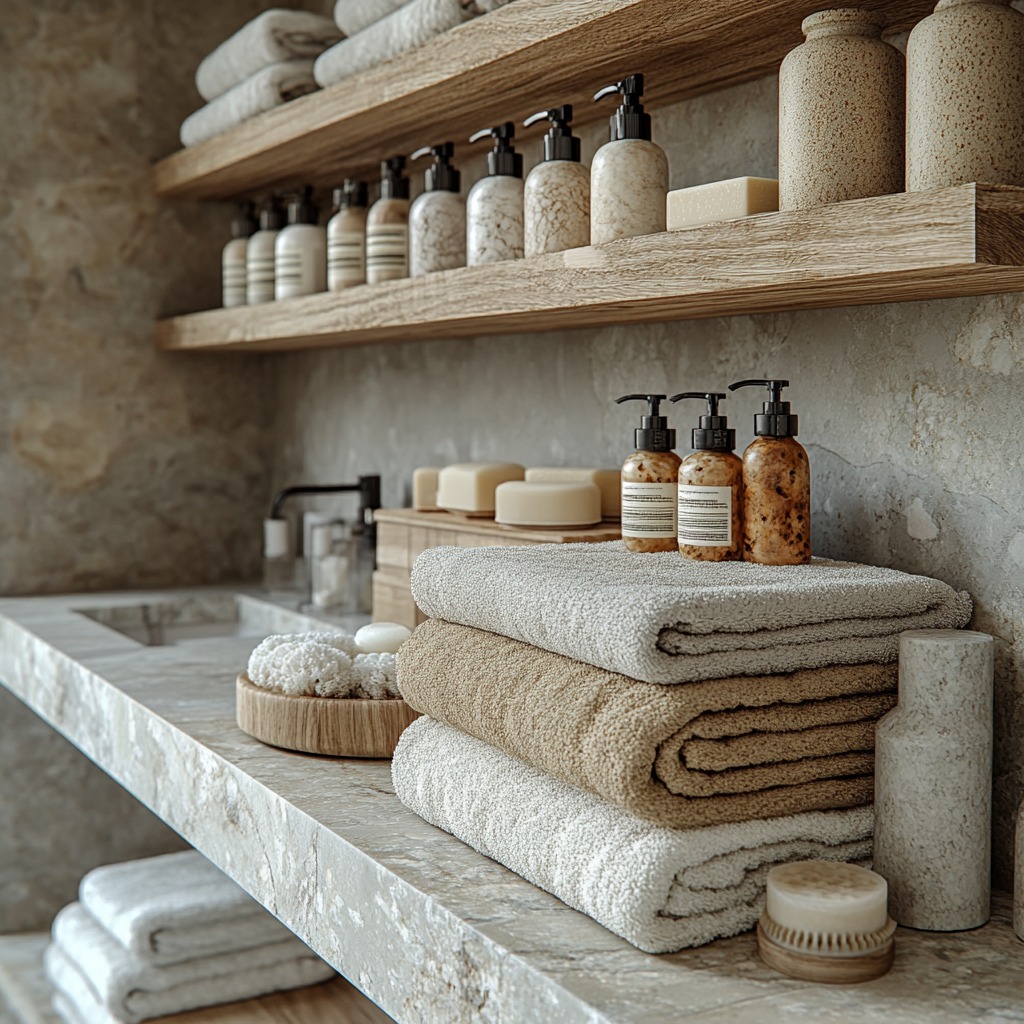 Close-up of bathroom materials, including marble, wood, and stone, creating a natural spa-inspired look.