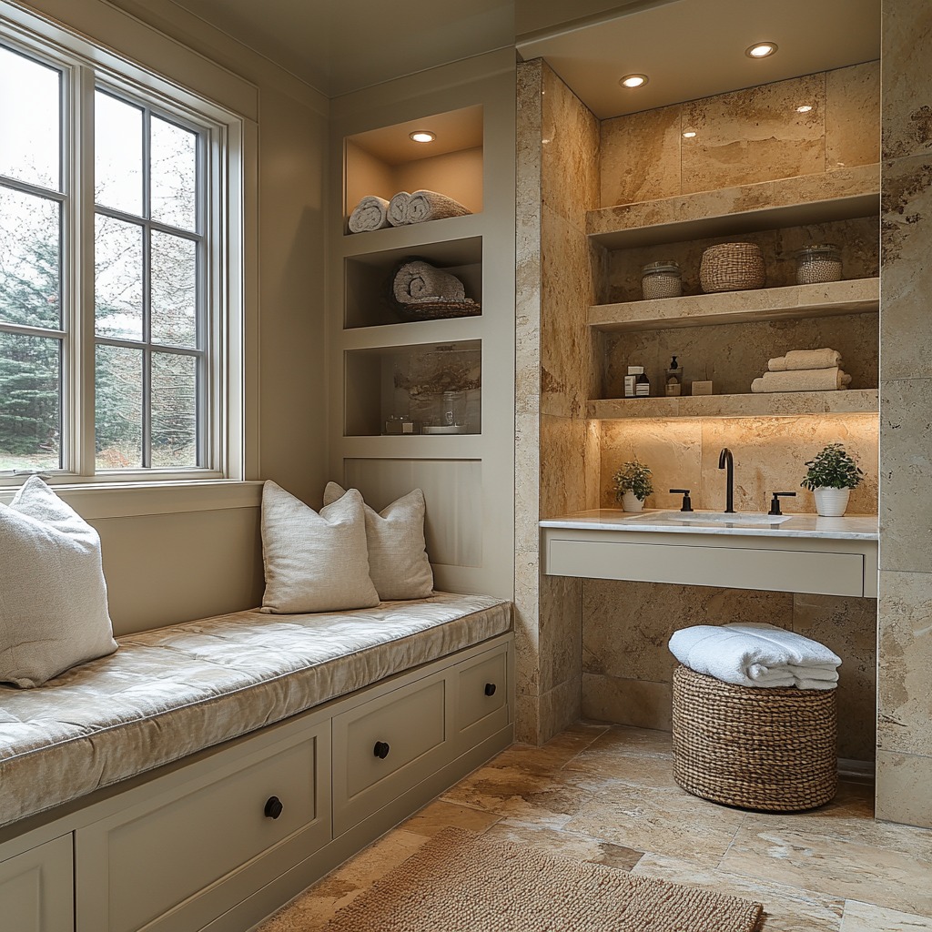 built-in shower seating, vanity stool, and a small bench along the wall for added comfort