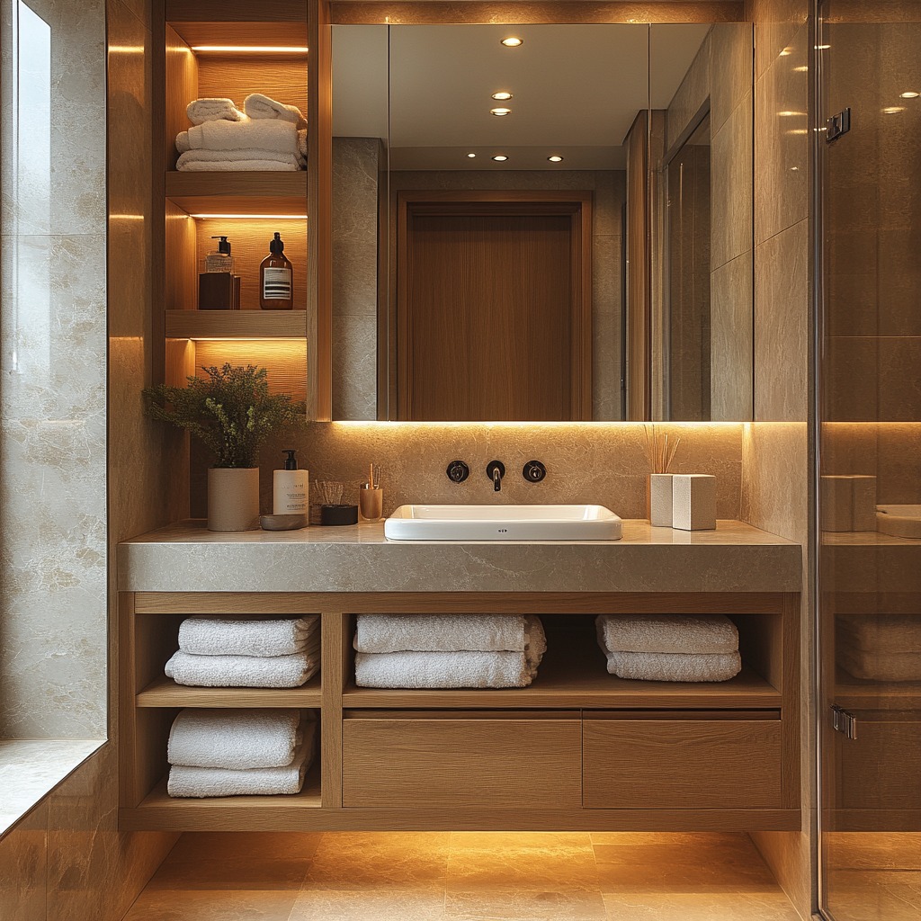 Bathroom with elegant hidden storage solutions, including recessed shelves, pull-out drawers, and sleek cabinets.