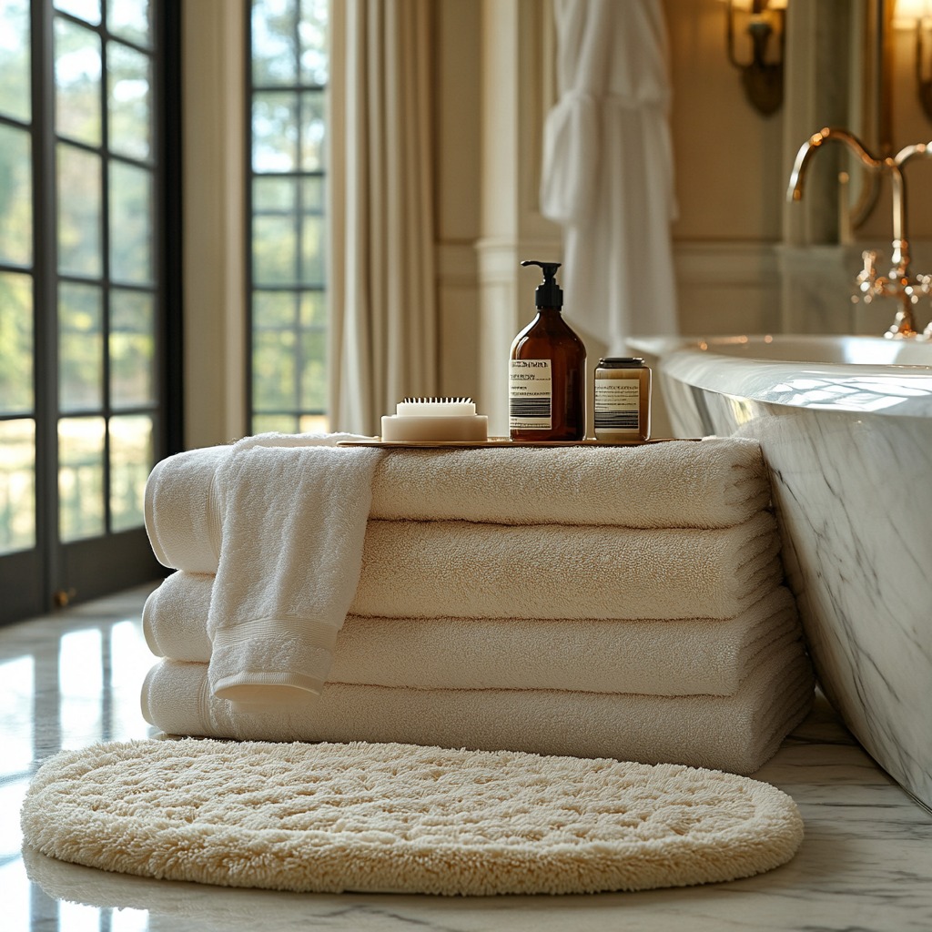 Display of luxurious towels, soft bath mat, and elegant window curtains in neutral colors to enhance comfort.