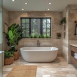 Luxurious spa-like bathroom with freestanding tub, rainfall shower, marble floors, and layered lighting.