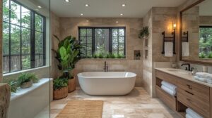 Luxurious spa-like bathroom with freestanding tub, rainfall shower, marble floors, and layered lighting.